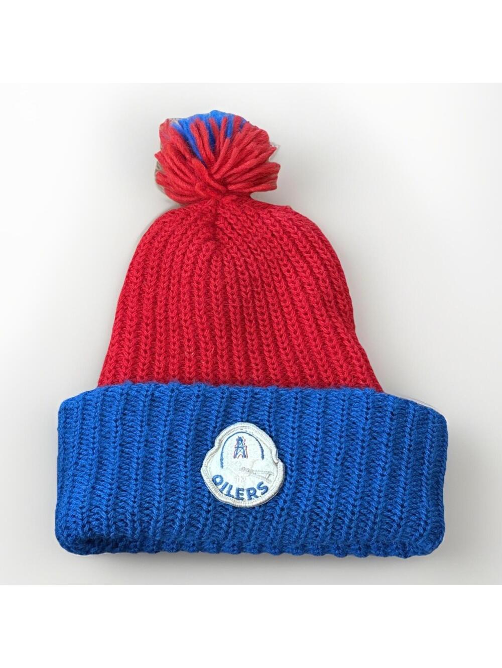 VTG Houston Oilers 1970s Knit Pom Beanie Hat Red Blue Retro